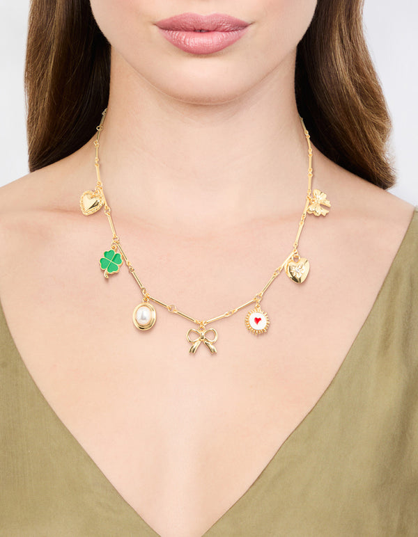 Gold Plated Heart & Bow Charm Necklace