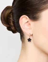 Gold Black Flower Drop Huggie Earrings - link has visual effect only