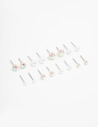Rose Gold Round Pearl & Aurora Borealis Diamante Stud Earrings 8-Pack - link has visual effect only