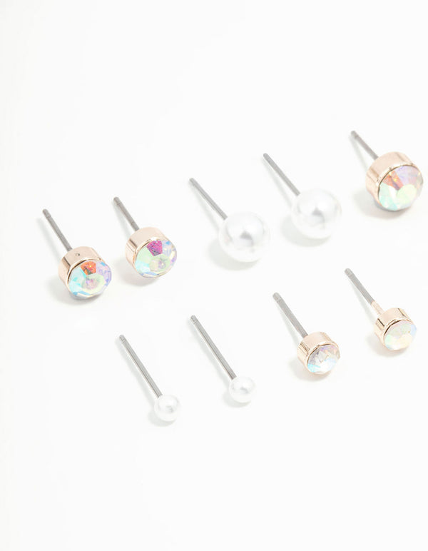 Rose Gold Round Pearl & Aurora Borealis Diamante Stud Earrings 8-Pack