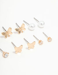 Gold Pearl, Diamante & Butterfly Stud Earrings 8-Pack - link has visual effect only