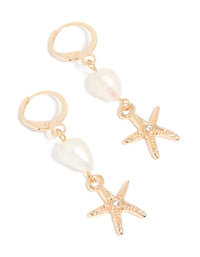 Gold Pearl Starfish Huggie Drop Earrings - link has visual effect only