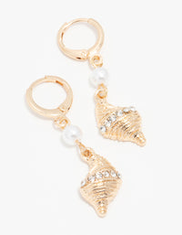 Gold Pearl & Shell Huggie Drop Earrings - link has visual effect only