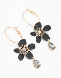 Gold Hoop Black Flower Diamante Hoop Earrings - link has visual effect only