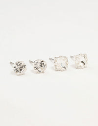 Silver Diamante Circle Square Stud Earrings 2-Pack - link has visual effect only