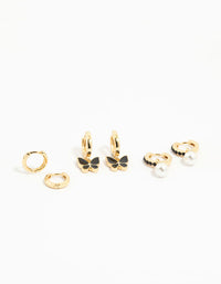 Gold Plated Pearl & Butterfly Earrings 3-Pack - link has visual effect only