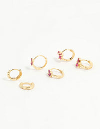Gold Plated Pink Cubic Zirconia Bow Huggie Earrings 3-Pack - link has visual effect only