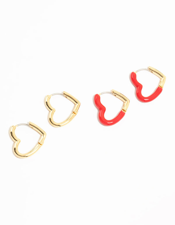 Gold Plated Enamel & Sleek Heart Hoop Earrings 2-Pack