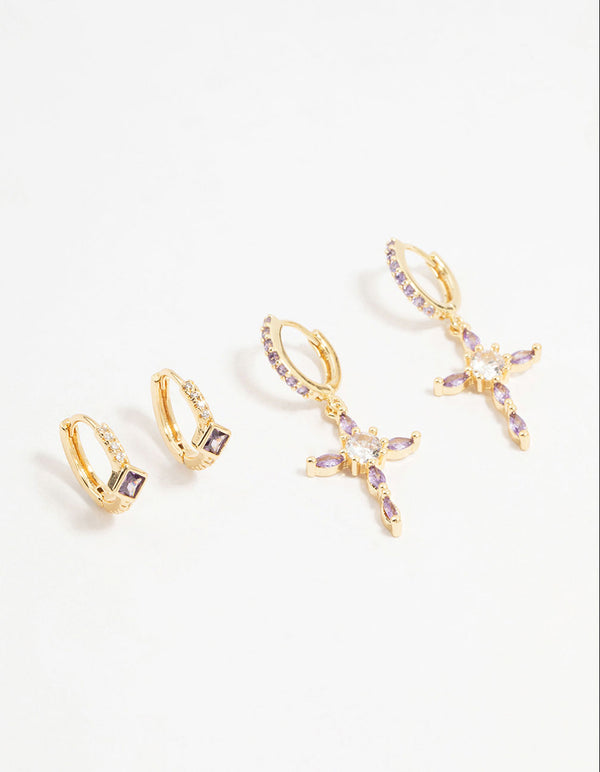 Gold Plated Lilac Cubic Zirconia Cross Huggie Earrings 2-Pack