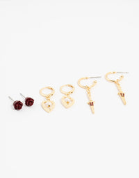Gold Plated Sword & Burgundy Rose Earrings 3-Pack - link has visual effect only
