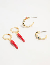 Gold Plated Evil Eye & Chilli Hoop Earrings 2-Pack - link has visual effect only