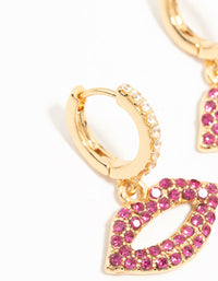 Gold Plated Pink Diamante Lips Huggie Earrings - link has visual effect only