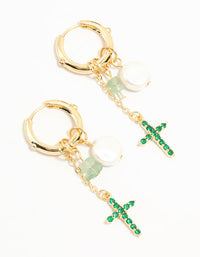 Gold Plated Green, Pearl & Cross Huggie Earrings - link has visual effect only
