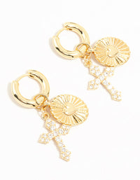 Gold Plated Cubic Zirconia Cross Huggie Earrings - link has visual effect only