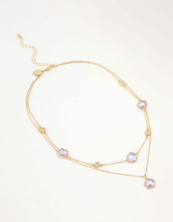 Gold Plated Purple Cubic Zirconia Petal Layered Necklace