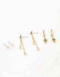 Gold Plated Cubic Zirconia & Cross Earrings 3-Pack - link has visual effect only