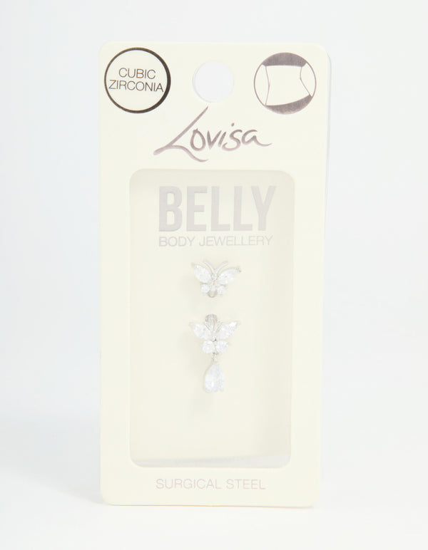 Surgical Steel Cubic Zircornia Double Butterfly Drop Belly Bar