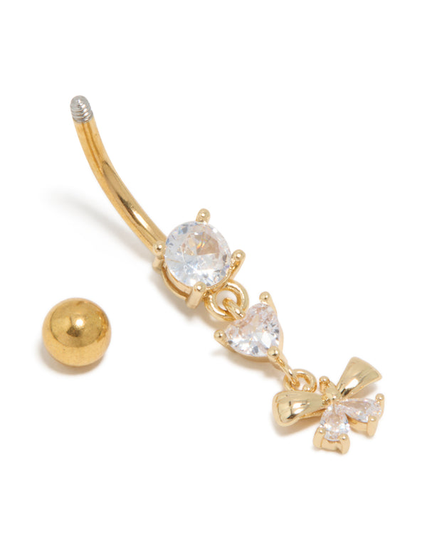 Gold Plated Surgical Steel Cubic Zirconia Fine Bow Drop Belly Bar