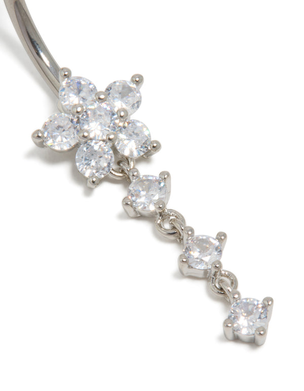 Titanium Cubic Zirconia Round Flower Drop Belly Bar