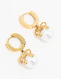 Waterproof Gold Plated Stainless Steel Pearl Huggie Earrings - link has visual effect only