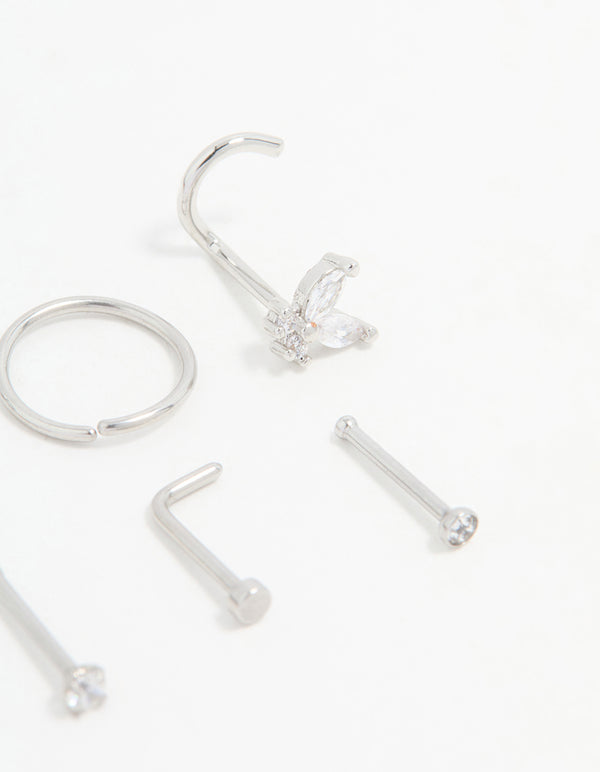 Surgical Steel Cubic Zirconia Butterfly Nose Piercings 6-Pack