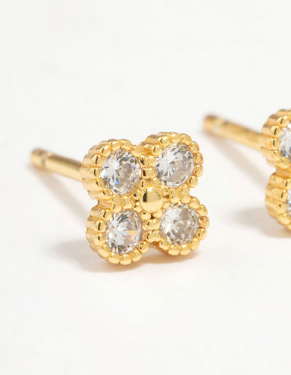 Gold Plated Sterling Silver Cubic Zirconia Flower Stud Earrings