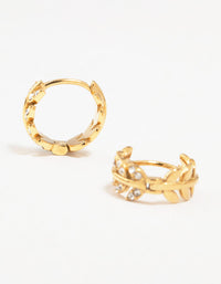 Gold Plated Surgical Steel Diamante Leaf Huggie Earrings - link has visual effect only