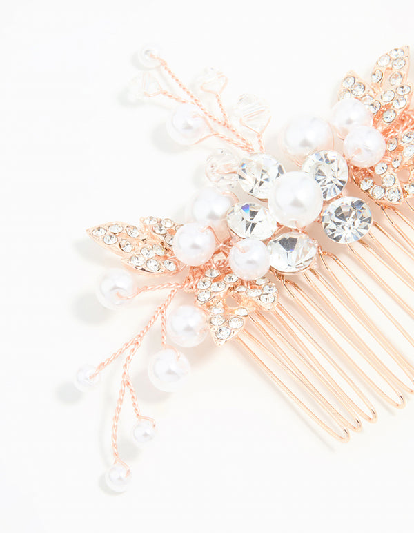 Rose Gold Diamante & Pearl Leaf Hair Comb