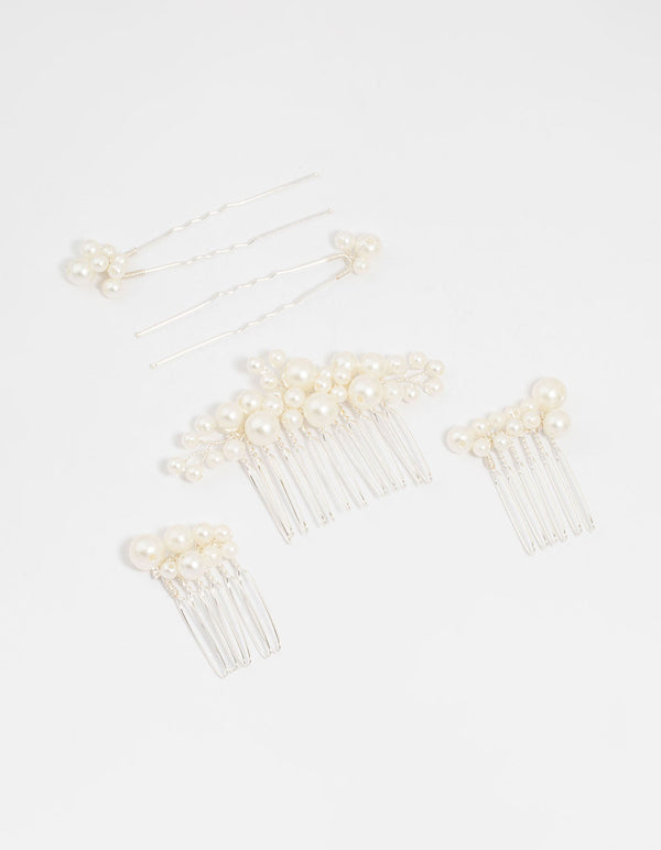 Silver Pearl Cluster Mixed Hair Comb & Pins 5-Pack