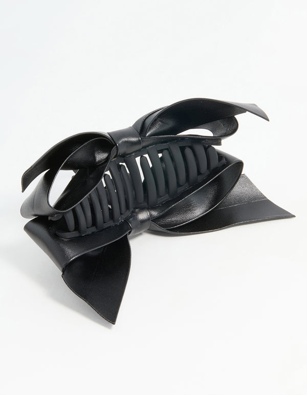 Black PU Leather Bow Claw Clip