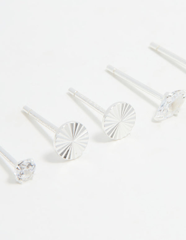 Sterling Silver Cubic Zirconia Stud Earrings 3-Pack
