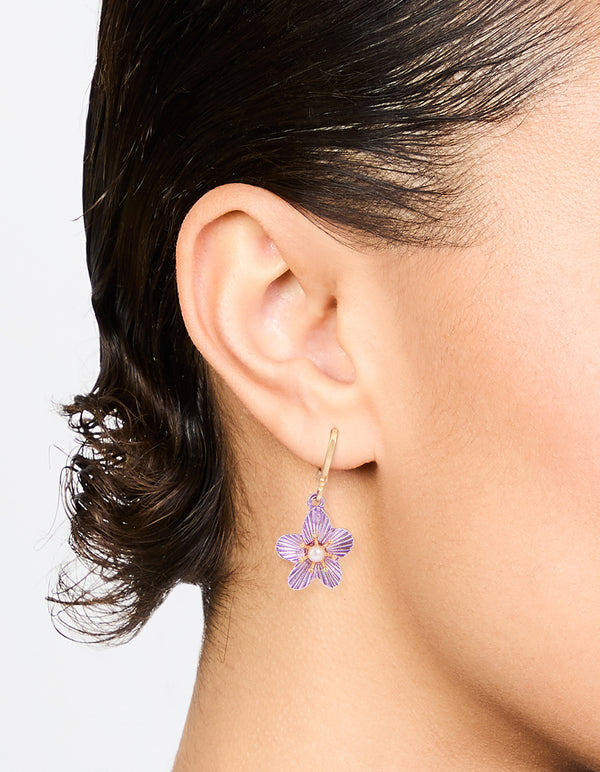 Gold Purple Pearl Flower Drop Earrings