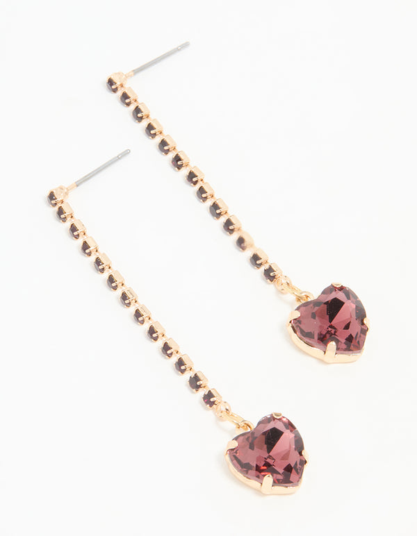 Gold Burgundy Diamante Heart Drop Earrings