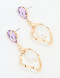 Gold Purple Diamante Pearl Twisted Drop Earrings - link has visual effect only