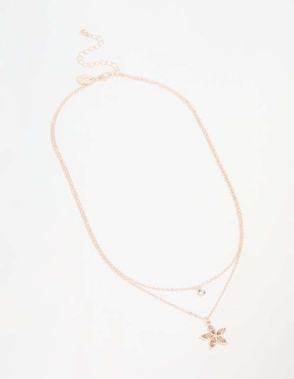 Rose Gold Diamante Flower Layered Necklace
