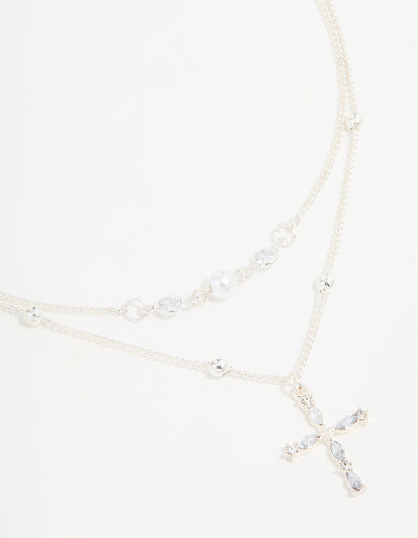 Silver Beaded Diamante Cross Layered Necklace