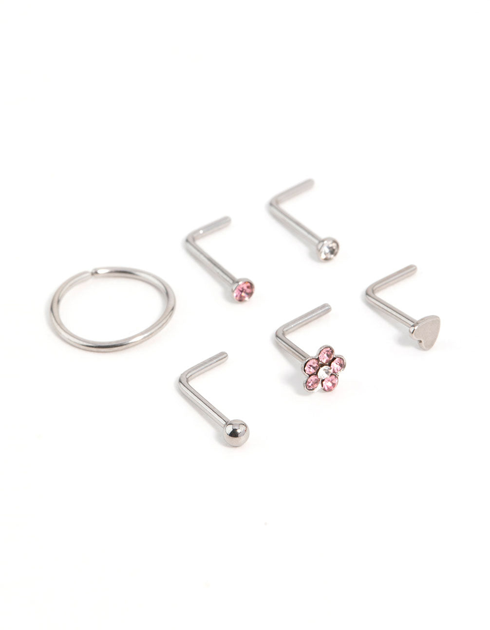Surgical Steel Cubic Zirconia Flower & Heart Nose Piercing 6-Pack