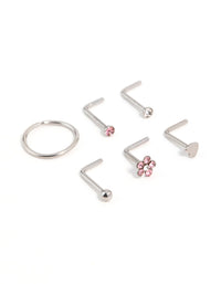 Surgical Steel Cubic Zirconia Flower & Heart Nose Piercing 6-Pack - link has visual effect only