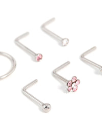 Surgical Steel Cubic Zirconia Flower & Heart Nose Piercing 6-Pack - link has visual effect only