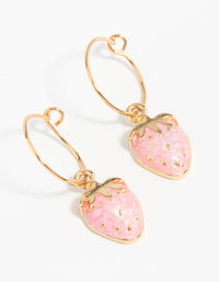 Gold Pink Strawberry Hoop Earrings - link has visual effect only