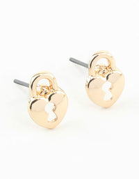 Gold Heart Lock Textured Stud Earrings - link has visual effect only