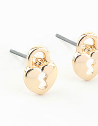 Gold Heart Lock Textured Stud Earrings - link has visual effect only