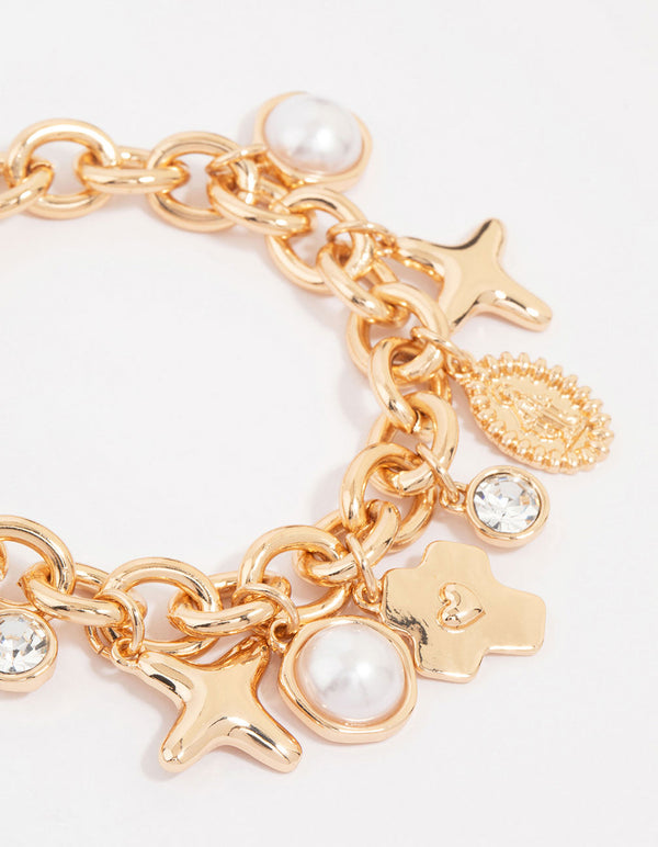 Gold Cross & Pearl Charm Bracelet