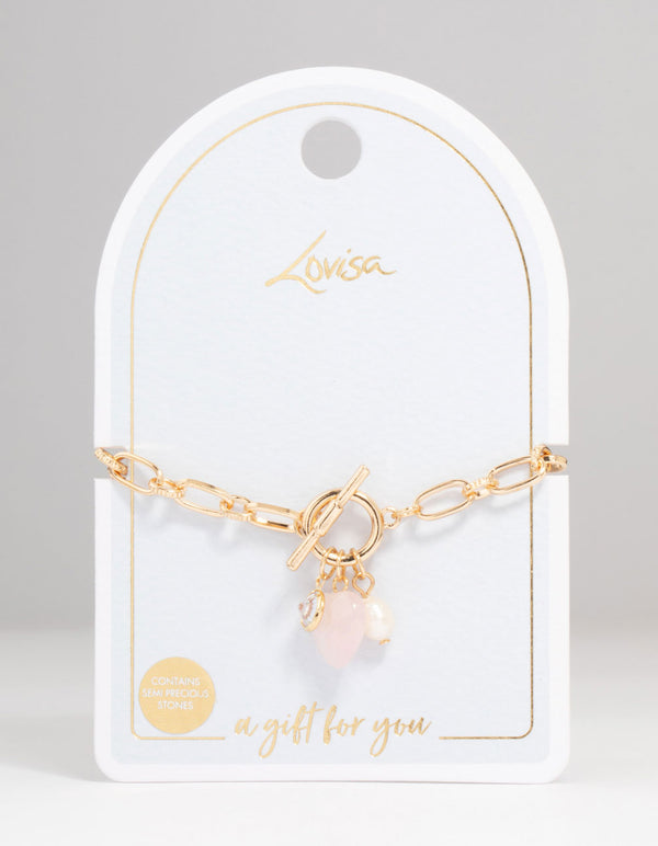 Gold Pearl Rose Quartz Heart Charm T & O Bracelet