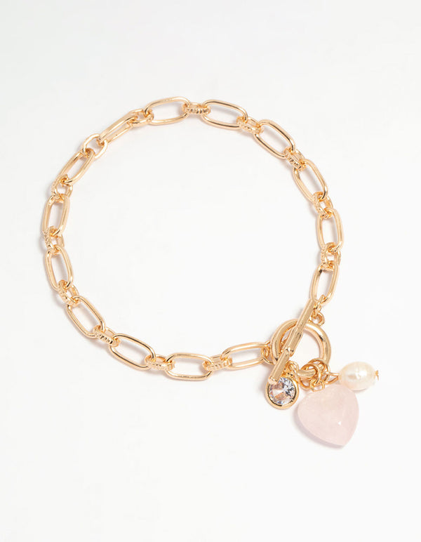 Gold Pearl Rose Quartz Heart Charm T & O Bracelet