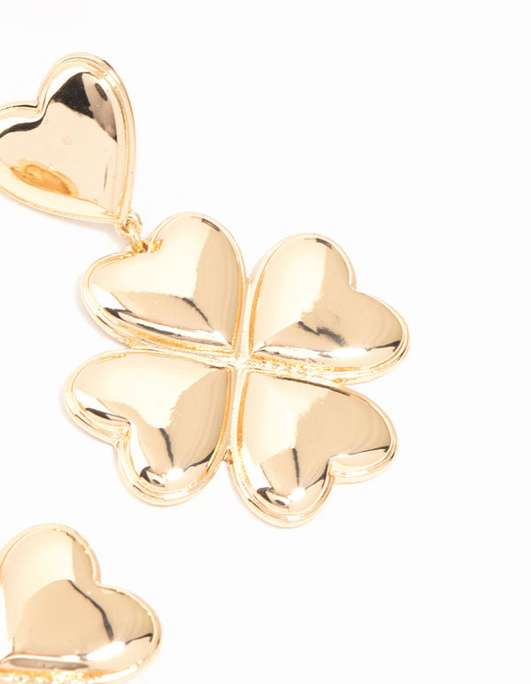 Gold Heart Clover Drop Earrings