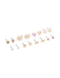 Gold Bow & Heart Stud Earrings 8-Pack - link has visual effect only