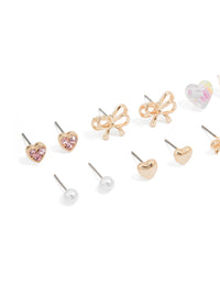 Gold Bow & Heart Stud Earrings 8-Pack - link has visual effect only