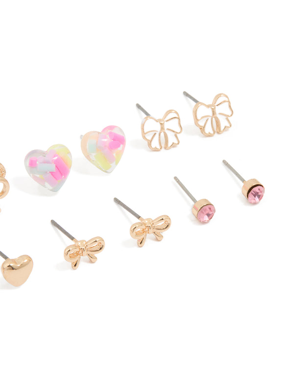 Gold Bow & Heart Stud Earrings 8-Pack