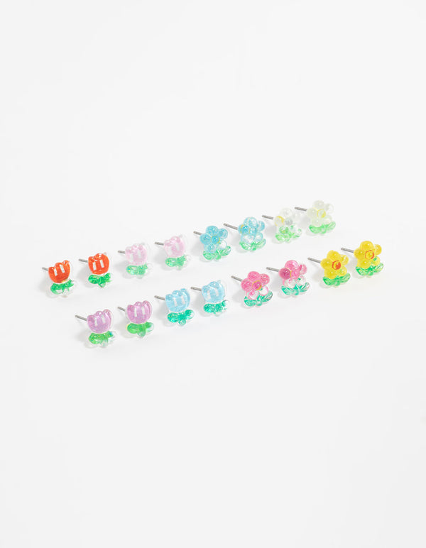 Multicoloured Acrylic Flower Stud Earrings 8-Pack